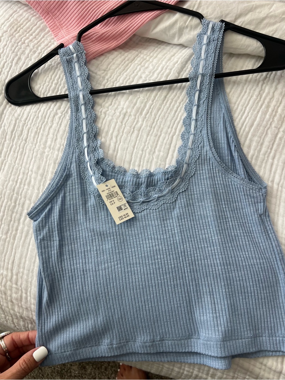 aerie Light Blue Ribbed Lace-Trim Tank